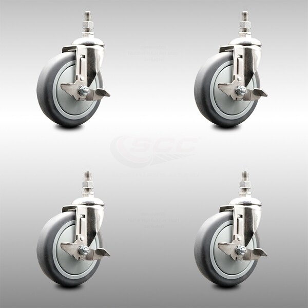 Service Caster 5 Inch 316SS Thermoplastic Rubber Swivel 3/8 Inch Threaded Stem Caster Set Brake SCC-SS316TS20S514-TPRB-TLB-381615-4 - main